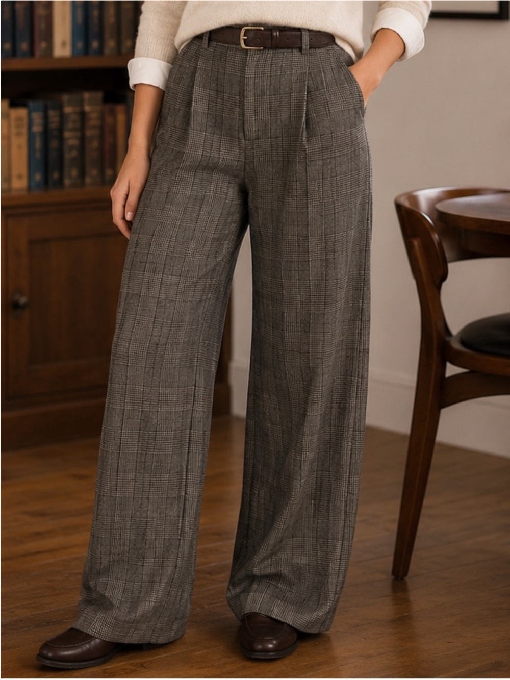 American Eagle Outfitters Wide-Leg Plaid Trousers — Gray